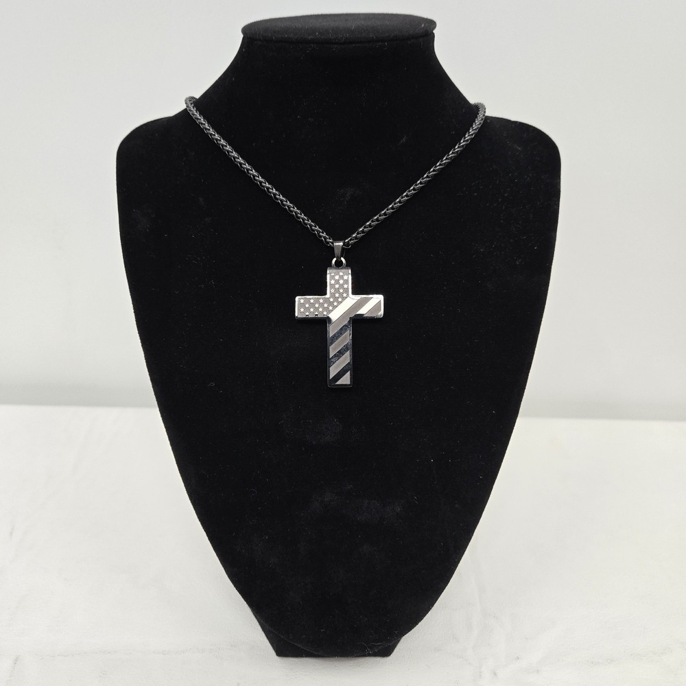 Black Cross American Flag Necklace for Men Base Metal Pendant Jewelry 22 Inch